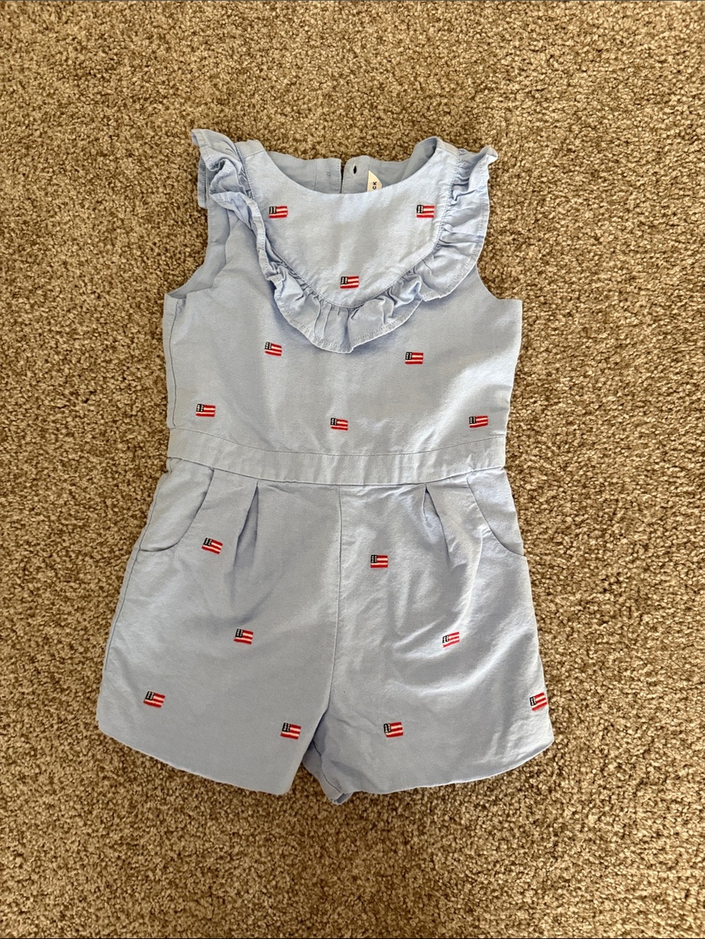 Janie and Jack Light Blue Ruffle Romper with Flag Embroidery